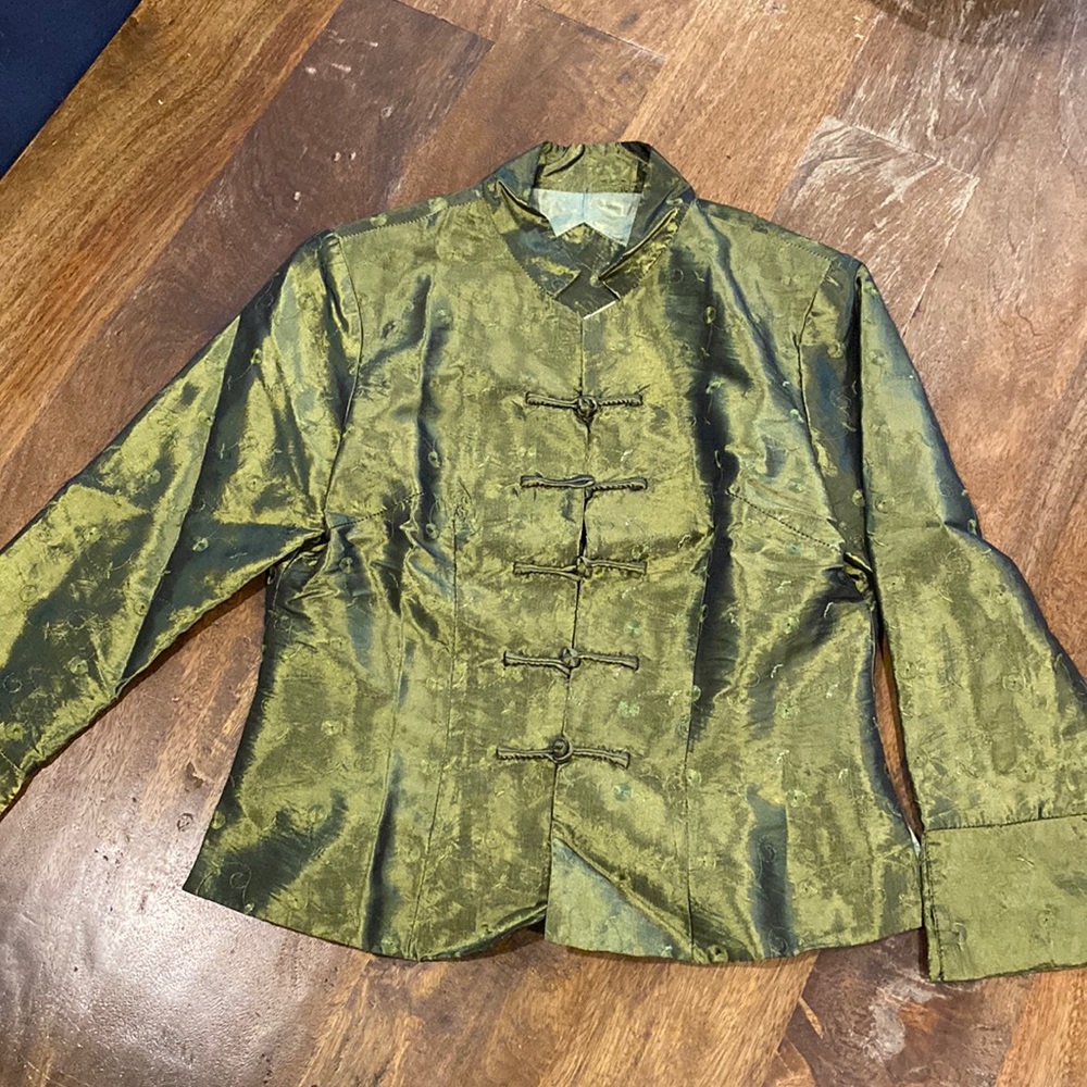 Silk Asian inspired olive green top